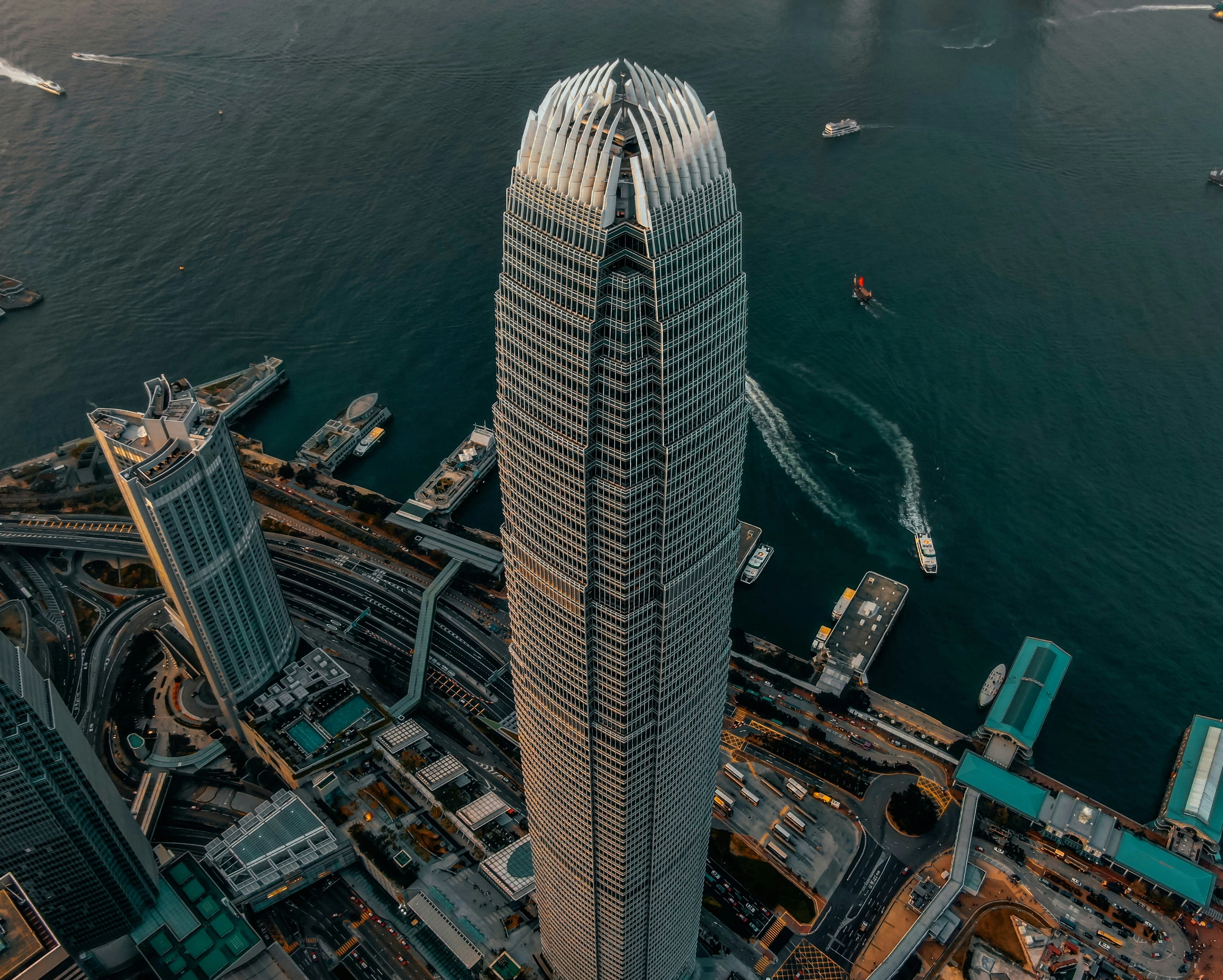 An areal view of the IFC looking down towards victoria harbor