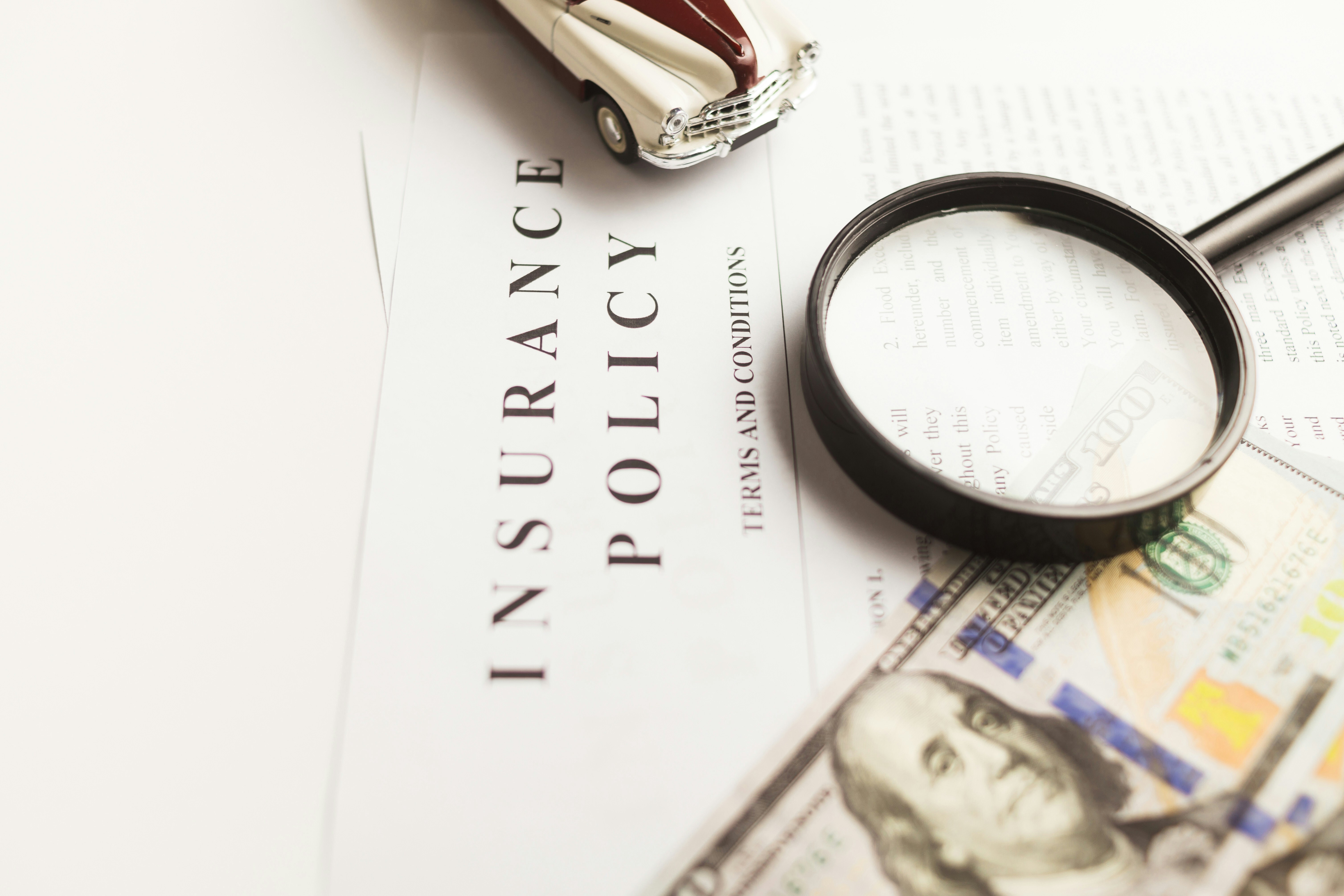 An insurance policy with a bank note and a magnifying glass
